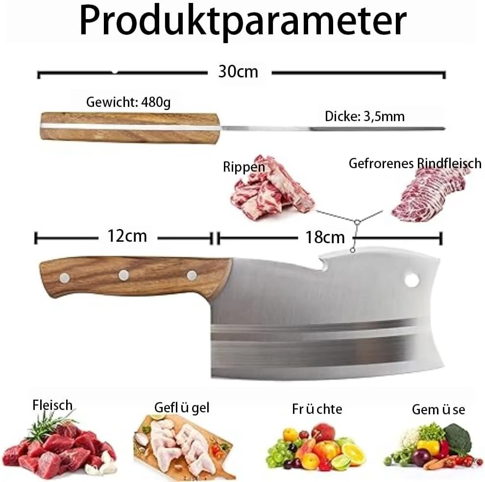 Kitory Mėsininko kirvis, 18 cm ašmenys, itin aštrus mėsininko peilis, nerūdijančio plieno kirvis, kaulų kapoklė, kaulų kapoklė šaldytai mėsai ir dideliems kaulams - dvigubi ašmenys