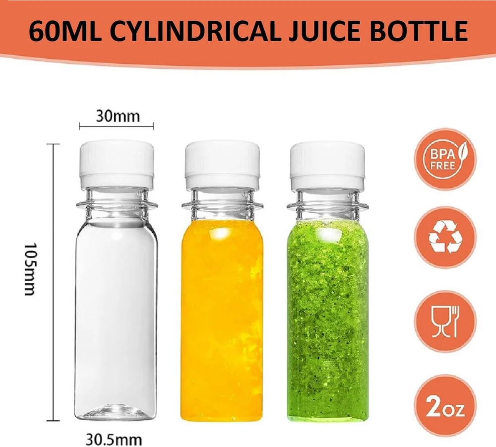 Kiuiom smoothie buteliukai, plastikiniai, sulčių buteliukai, daugkartinio naudojimo sulčių buteliukai, 10 vienetų, 60 ml, tušti buteliukai, plastikiniai buteliukai sultims, kokteiliams, gėrimams