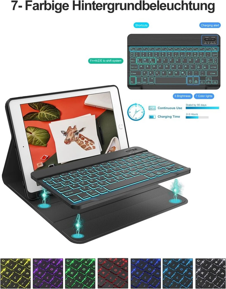 Klaviatūra, skirta ipad 9-os kartos, ipad 10,2 colio klaviatūra su dėklu (ipad 9-os/8-os/7-os kartos), magnetinė nuimama qwertz 7 spalvų apšvietimo klaviatūra, skirta ipad air 3 ir ipad pro 10,5, juoda