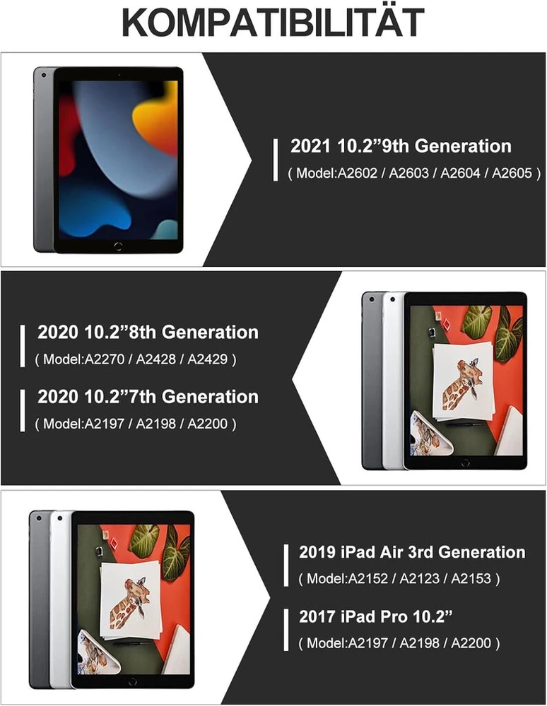 Klaviatūra, skirta ipad 9-os kartos, ipad 10,2 colio klaviatūra su dėklu (ipad 9-os/8-os/7-os kartos), magnetinė nuimama qwertz 7 spalvų apšvietimo klaviatūra, skirta ipad air 3 ir ipad pro 10,5, juoda