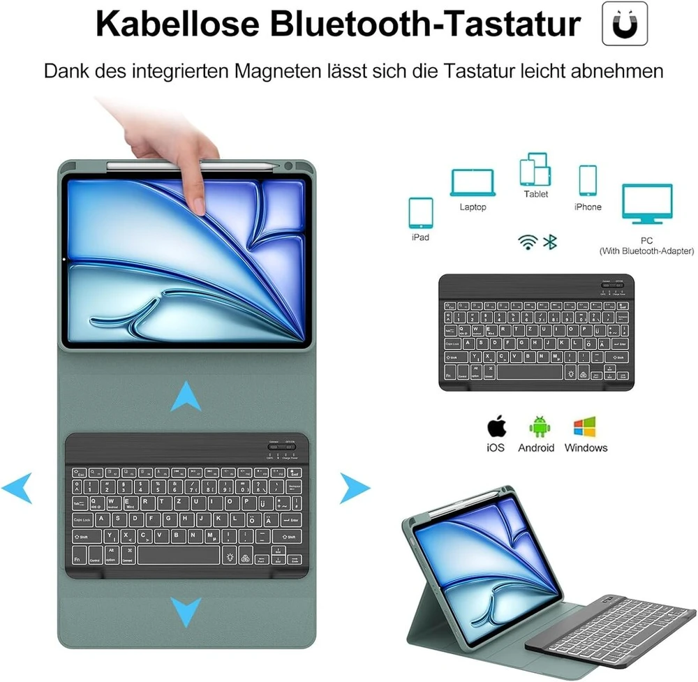 Klaviatūra, skirta ipad air 11 2025 m3/2024 m2, 7 spalvų apšvietimas, apsauginis dėklas su rašiklio laikikliu, dėklas su bluetooth magnetine qwertz klaviatūra, skirta ipad air 7-osios/6-osios kartos 11 colių m3/m2, tamsiai žalia