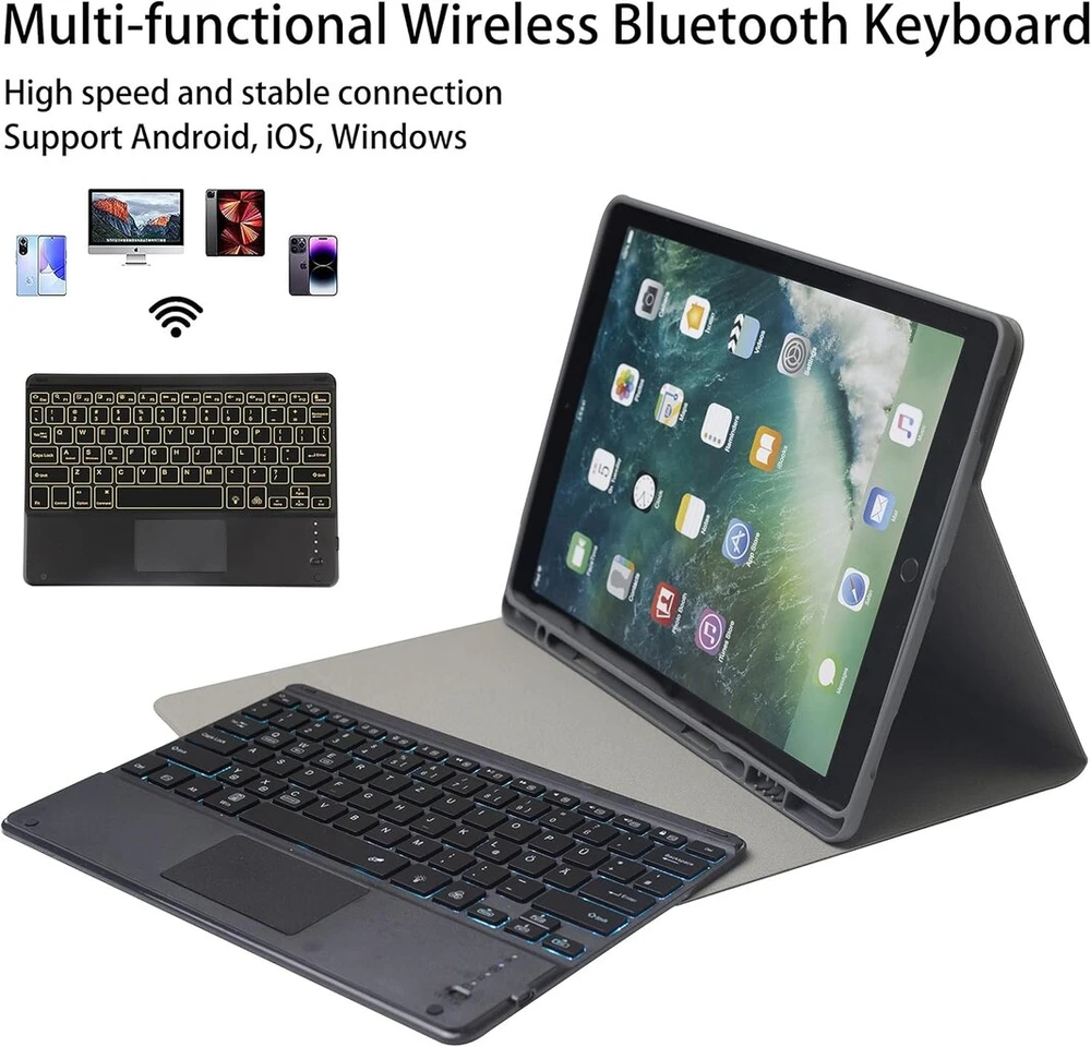 Klaviatūros dėklas, skirtas ipad pro 12.9 2015/2017 (1-osios/2-osios kartos), anglų ir vokiečių kalbos išdėstymas, 7 spalvų apšviesta klaviatūra ir jutiklinė dalis, pu odos dėklas su rašiklio laikikliu (mėlynas)