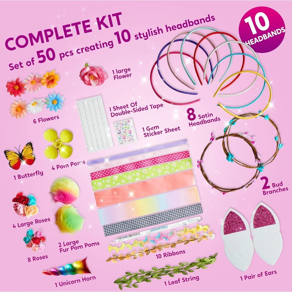 Klever Kits galvos juosta mergaitėms, kūrybinis rinkinys vaikams nuo 5+ metų, dovana mergaitėms 5 6 7 8 9 10 11 12 metų, pasidaryk pats plaukų aksesuarų kūrybiniai rinkiniai mergaitėms, madingos dovanų idėjos gimtadieniui
