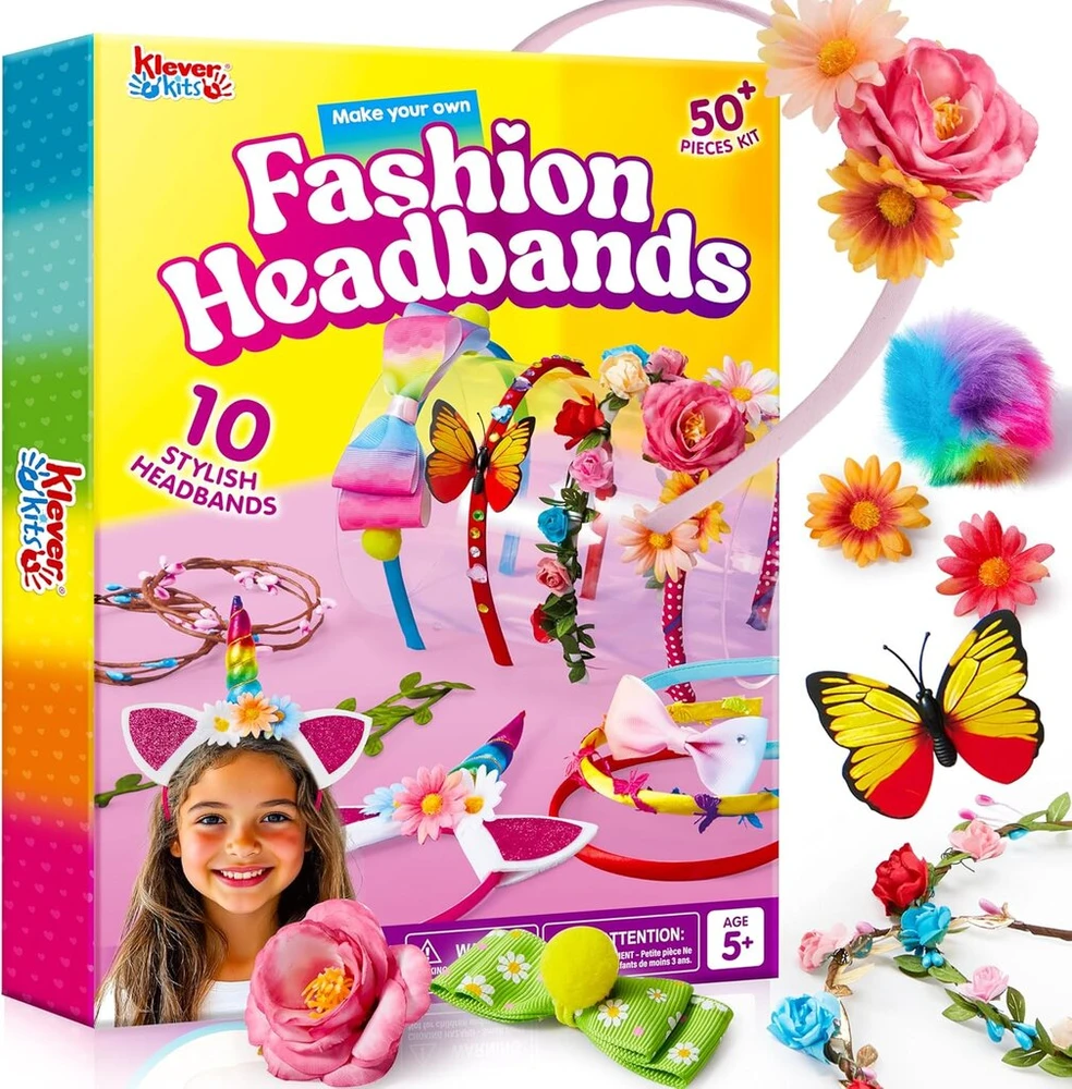 Klever Kits galvos juosta mergaitėms, kūrybinis rinkinys vaikams nuo 5+ metų, dovana mergaitėms 5 6 7 8 9 10 11 12 metų, pasidaryk pats plaukų aksesuarų kūrybiniai rinkiniai mergaitėms, madingos dovanų idėjos gimtadieniui