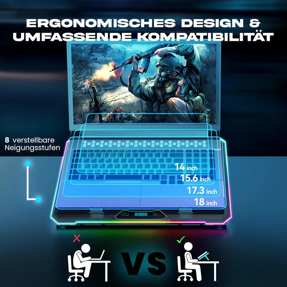 Klim V15 aušinimo padėklas žaidimų nešiojamam kompiuteriui su 15 ventiliatorių + aušintuvas + stabilus Rgb stovas + suderinamas iki 17 colių + 2 Usb prievadai + mobiliojo telefono laikiklis + 5 metų apsauga