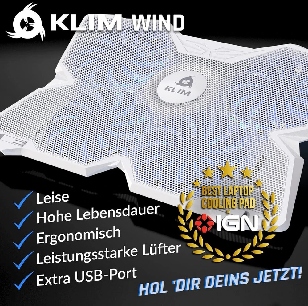 Klim® Wind nešiojamas aušintuvas – parduota daugiau nei 500 000 vienetų – nešiojamojo kompiuterio aušinimo padėklas – maitinamas Usb – stabilus ir tylus – 4 ventiliatoriai – nešiojamojo kompiuterio aušintuvas, skirtas Pc, Mac, XBOX, Ps4-15-17 colių – balt