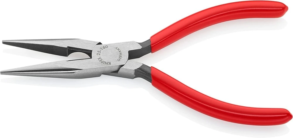 Knipex 25 01 160 plokščianosės replės su pjovimo briauna (radijo replės) su plastiku dengtomis juodai atramentizuotomis rankenomis, 160 mm