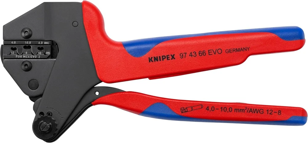 Kelioninis Knipex replės crimpavimo sistemai su keičiamais crimpavimo įdėklais, daugiasluoksnėmis rankenomis, poliruotos, 200 mm, 97 43 66 evo