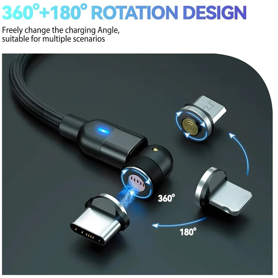 Knocery magnetinis įkrovimo kabelis, 3 viename magnetinis kabelis, 360° ir 180° pasukamas Micro Usb/type C/i produktui, 60w greitas įkrovimas 3a ir duomenų perdavimas