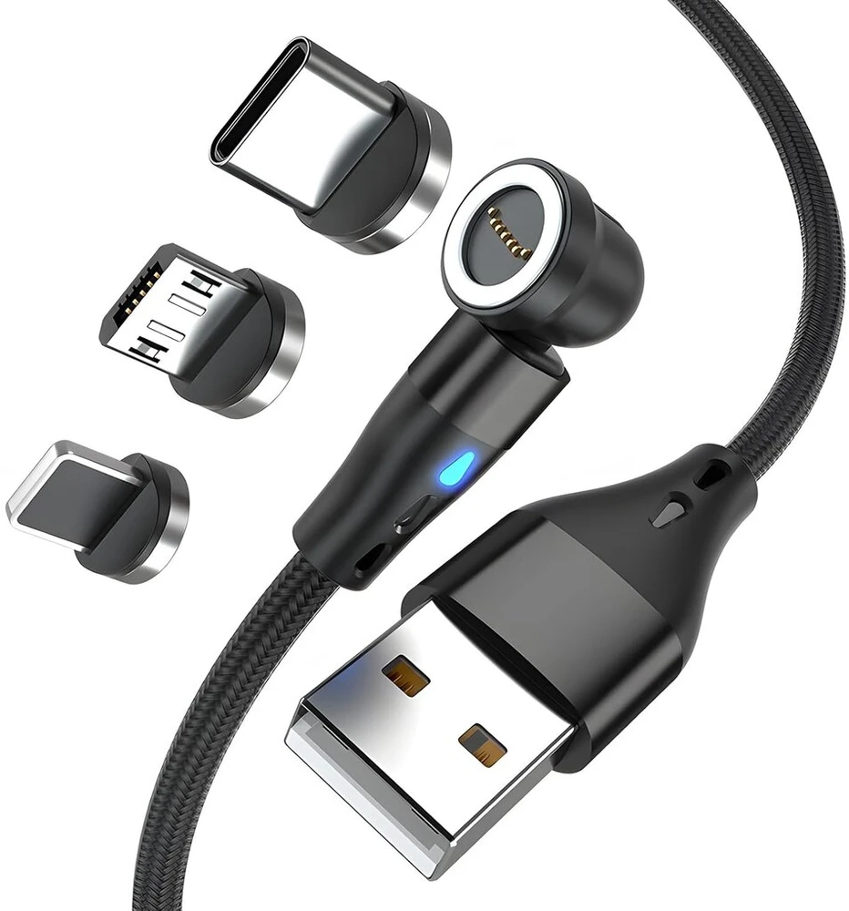 Knocery magnetinis įkrovimo kabelis, 3 viename magnetinis kabelis, 360° ir 180° pasukamas Micro Usb/type C/i produktui, 60w greitas įkrovimas 3a ir duomenų perdavimas