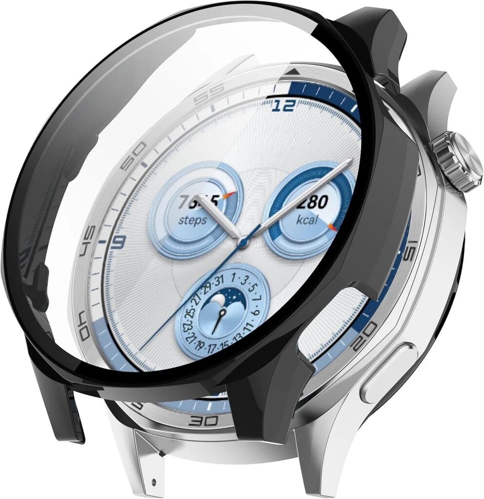 Knoxs kietas dėklas, suderinamas su Huawei Watch Gt 5 46 mm, Hd Pc smūgiams atsparus visapusiškas apsauginis dėklas, itin plonas dėklas su įbrėžimams atspariu ekrano apsaugos stiklu (juodas)
