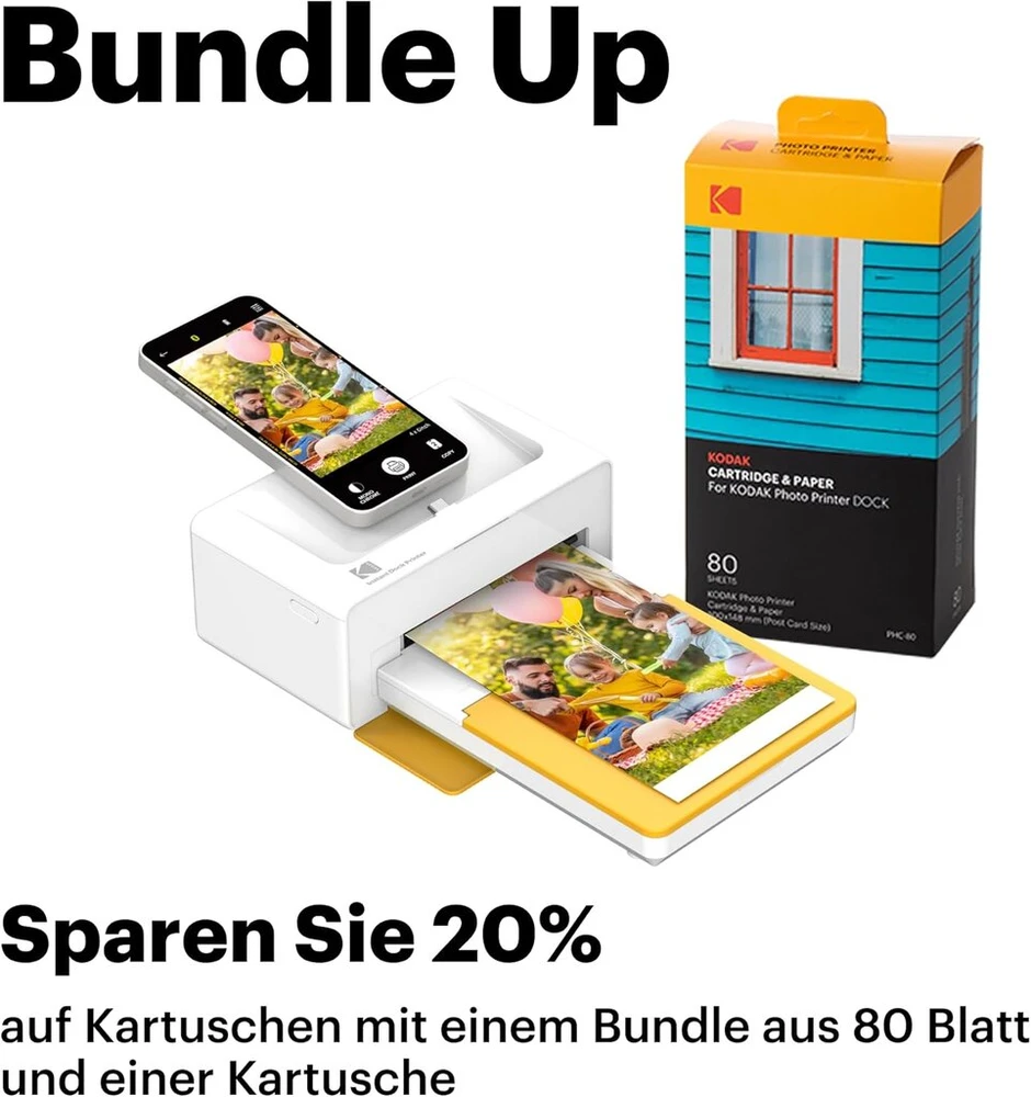 Kodak Dock Plus & Bluetooth nešiojamas momentinis nuotraukų spausdintuvas, spalvotos aukščiausios kokybės nuotraukos, 10 cm x 15 cm nuotraukos, suderinamas su Ios ir Android