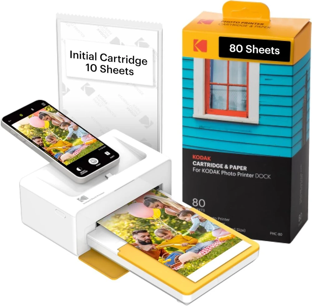 Kodak Dock Plus & Bluetooth nešiojamas momentinis nuotraukų spausdintuvas, spalvotos aukščiausios kokybės nuotraukos, 10 cm x 15 cm nuotraukos, suderinamas su Ios ir Android