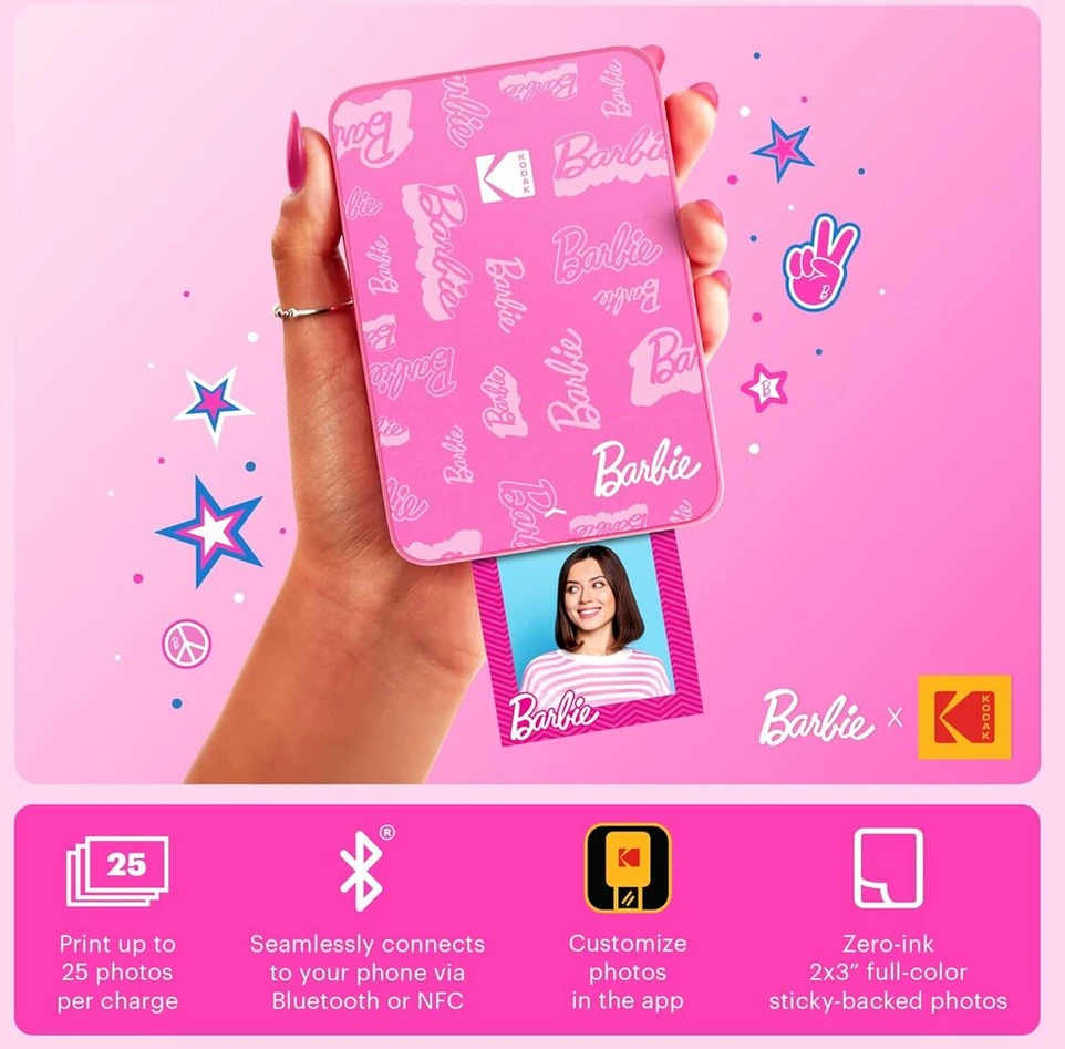 Kodak x Barbie Step Slim belaidis momentinis nuotraukų spausdintuvas dovanų rinkinys (signature Style) + fotoaparato krepšys, nuotraukų albumas, lipdukai ir pakabinamas rėmelis, 50 lipdukų + Zinc popierius (20 lapų)