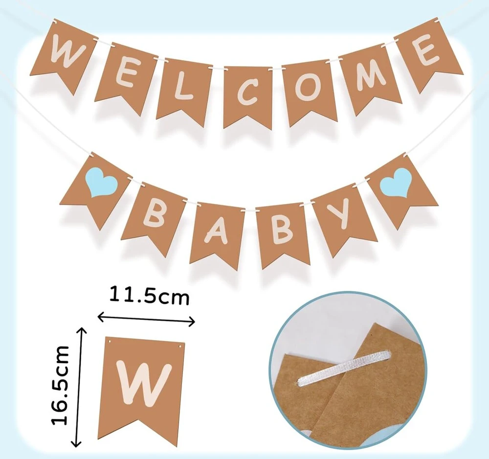 Koliphy girlianda "welcome Baby", dekoracija "welcome Baby", reklaminis skydelis "welcome Baby" kūdikio sutiktuvių vakarėliui, namų priėmimui, kūdikio sutiktuvių vakarėliui, vaiko gimtadienio dekoracija berniukui (mėlyna)