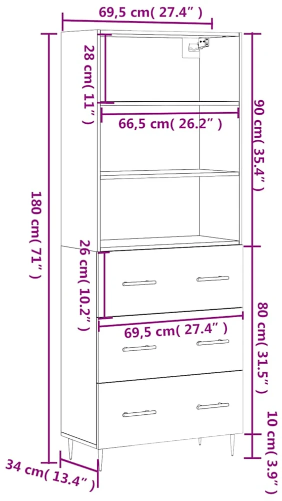 Komoda, betono pilkos spalvos, 69,5x34x180cm, apdirbta mediena