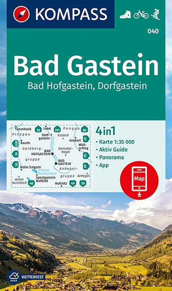 Kompass žygio žemėlapis 040 Bad Gastein, Bad Hofgastein, Dorfgastein 1:35 000: 4in1 žygio žemėlapis su panorama ir aktyviu gidu, įskaitant žemėlapį, skirtą naudoti neprisijungus programėlėje Kompass. Važiavimas dviračiu. Slidinėjimo turai.