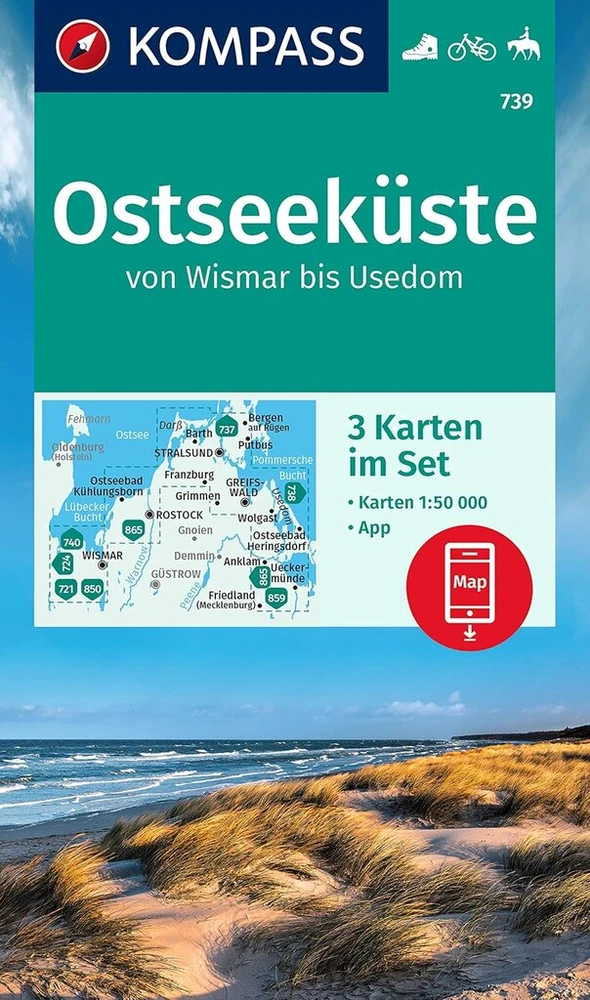 Kompass žygio žemėlapių rinkinys 739 Ostseeküste nuo Wismar iki Usedom (3 žemėlapiai) 1:50 000: įskaitant žemėlapį, skirtą naudoti neprisijungus Kompass programėlėje. Važiavimas dviračiu. Jodinėjimas