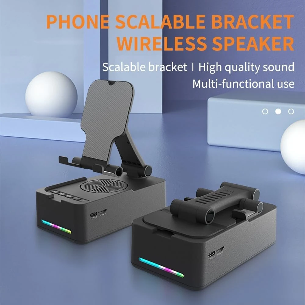 Kompiuterio kolonėlės Cyboris sulankstomas telefono stovas su garsiakalbiu, belaidis bluetooth garsiakalbis su telefono stovu ir neslystančiu pagrindu, led rgb apšvietimas, hd erdvinis garsas, suderinamas su telefonais, planšetiniais kompiuteriais