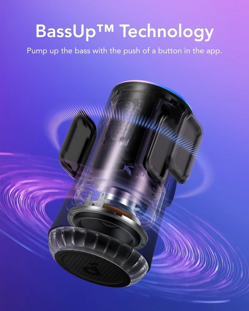 Kompiuterio kolonėlės Soundcore Glow mobilusis garsiakalbis su 30 W 360° visapusišku garsu, sinchronizuotais šviesos spinduliais, 18 valandų atkūrimu, individualiu Eq, šviesų šou, Ip67 atsparumu vandeniui ir dulkėms, skirtas namams, sodui, vakarėliams