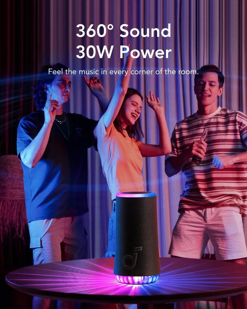 Kompiuterio kolonėlės Soundcore Glow mobilusis garsiakalbis su 30 W 360° visapusišku garsu, sinchronizuotais šviesos spinduliais, 18 valandų atkūrimu, individualiu Eq, šviesų šou, Ip67 atsparumu vandeniui ir dulkėms, skirtas namams, sodui, vakarėliams