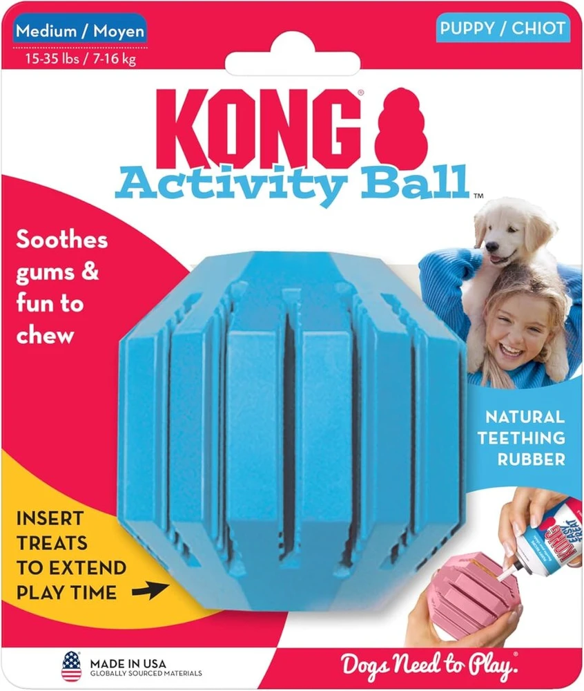 Kong Puppy Activity Ball - kramtomasis žaislas dygstantiems šuniukams - minkštas ir patvarus - natūrali guma - vidutiniams šuniukams