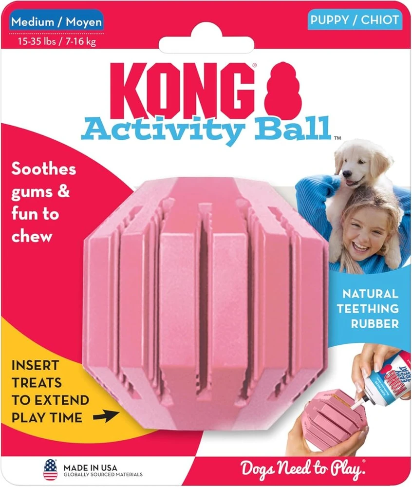 Kong Puppy Activity Ball - kramtomasis žaislas dygstantiems šuniukams - minkštas ir patvarus - natūrali guma - vidutiniams šuniukams