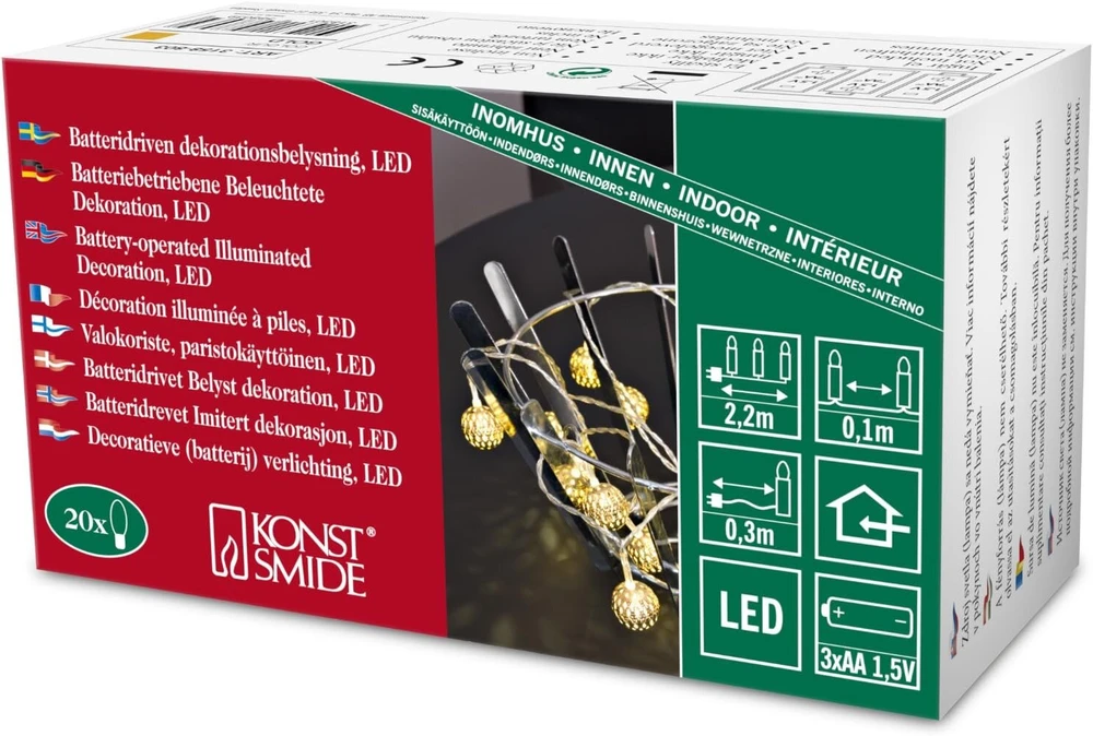 Konstsmide Led dekoratyvinė šviesos grandinė 20 mažų 3158–803 metalinių kamuoliukų/šiltai baltos spalvos diodai / 3xaa 1.5v baterijos/skaidrus kabelis/auksinė