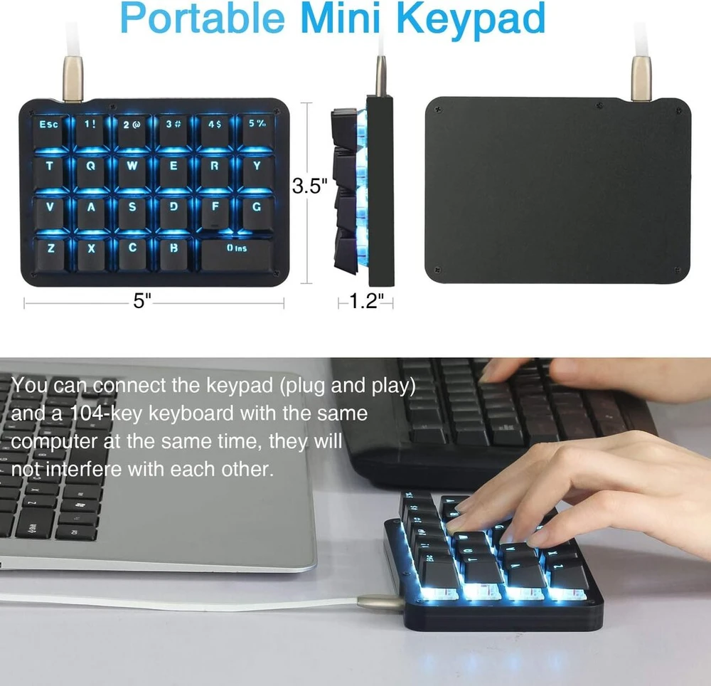 Koolertron vienrankė mini klaviatūra, mechaninė žaidimų klaviatūra su 23 visiškai programuojamais klavišais, žaidimų klaviatūra, skirta Windows, Mac, spausdintojams, Pc žaidėjams (juoda/mėlynas apšvietimas/mėlyni jungikliai)