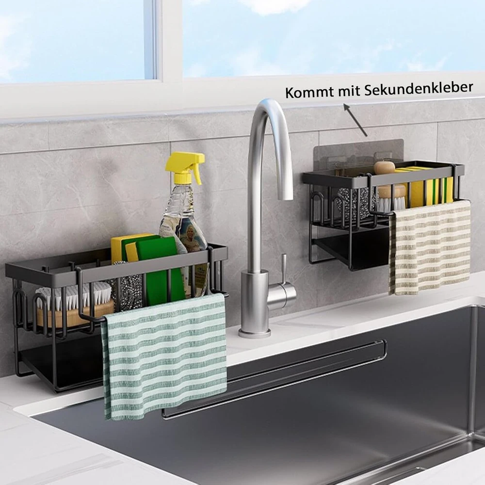 Koolkasa virtuvės kriauklės organizatorius, skirtas kempinėms - kriauklės organizatorius su indų šluostės laikikliu ir automatiniu padėklu, metalinis virtuvės kriauklės organizatorius, gali būti pakabintas ant sienos (juodas)