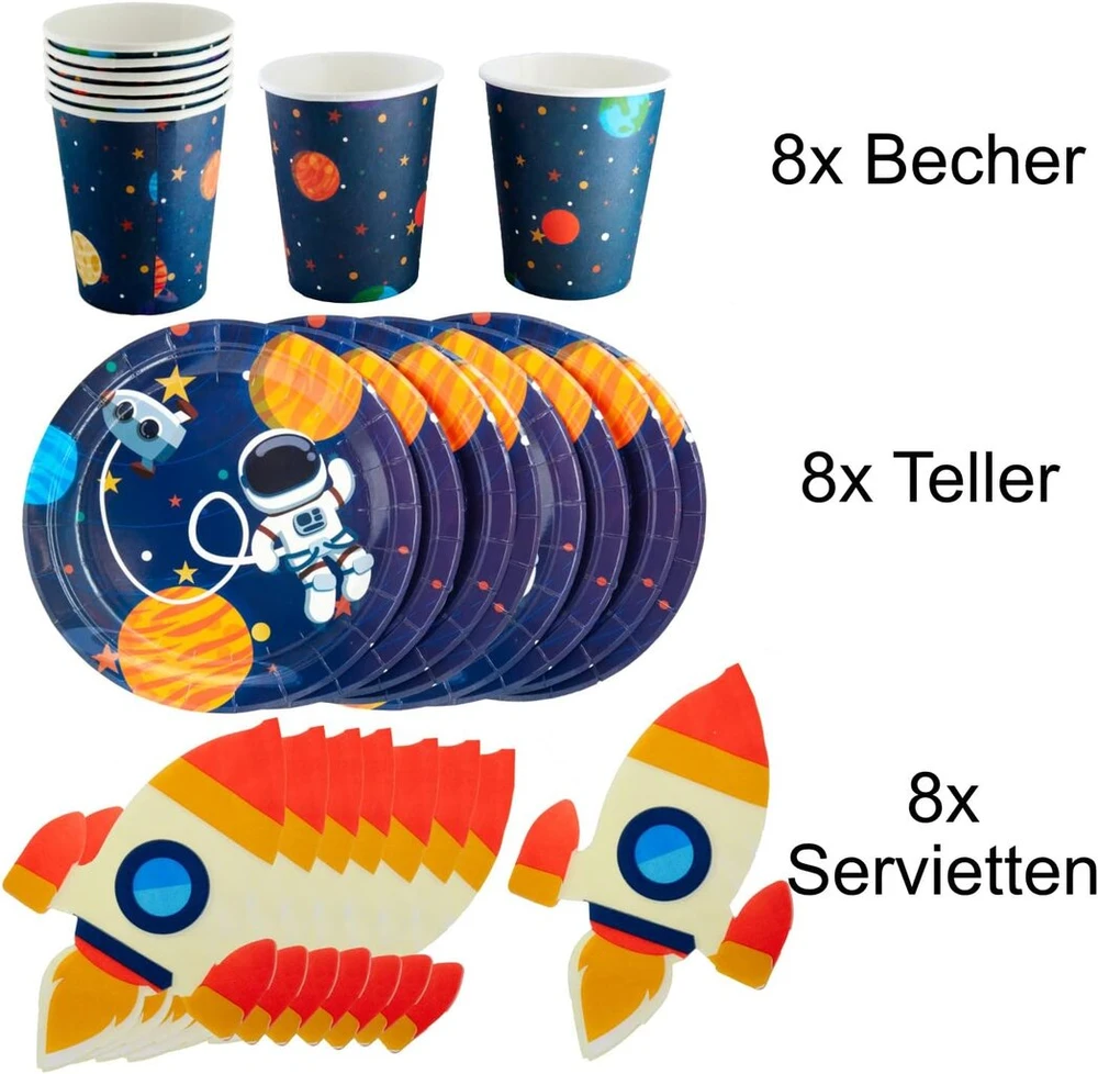 Kosminis gimtadienio vakarėlio rinkinys vaikams 24-ajam | 8 lėkštės, 8 puodeliai, 8 servetėlės raketos formos | Kosminės dekoracijos popierinės lėkštės vaikų gimtadieniui berniukui | Astronautų vakarėlio stalo reikmenys vaikų gimtadienio vakarėliui