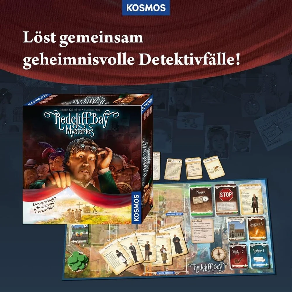 Kosmos 680459 Redcliff Bay Mysteries, kartu spręskite detektyvines bylas, detektyvinis žaidimas, šeimos žaidimas, kriminalinis žaidimas, stalo žaidimas nuo 12 metų, skirtas 1–5 žaidėjams