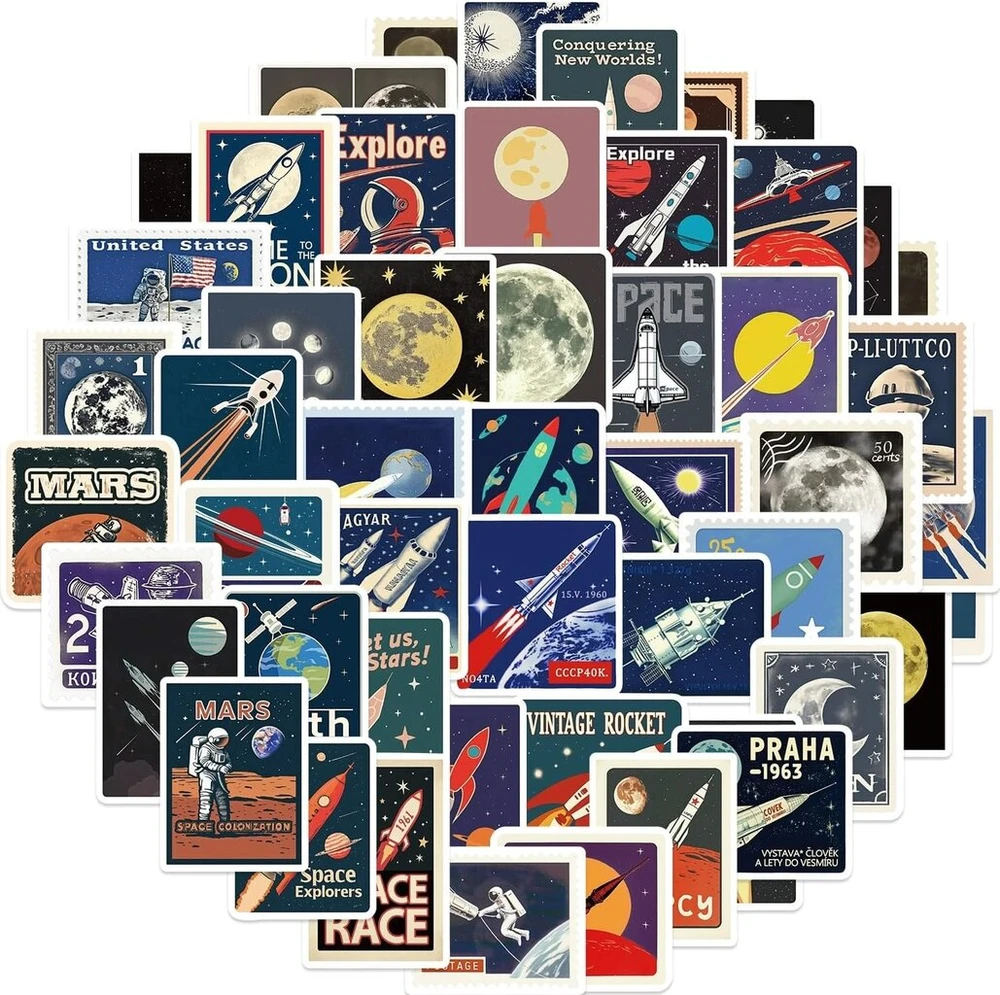 Kosmoso lipdukai Visatos astronautų lipdukų rinkinys, 50 vnt., skirti riedlentėms, grafiti, motociklams, dviračiams, snieglentėms, bagažui, nešiojamam kompiuteriui, automobiliui, lagaminui vaikams ir paaugliams, vandeniui atsparūs vinilo lipdukai