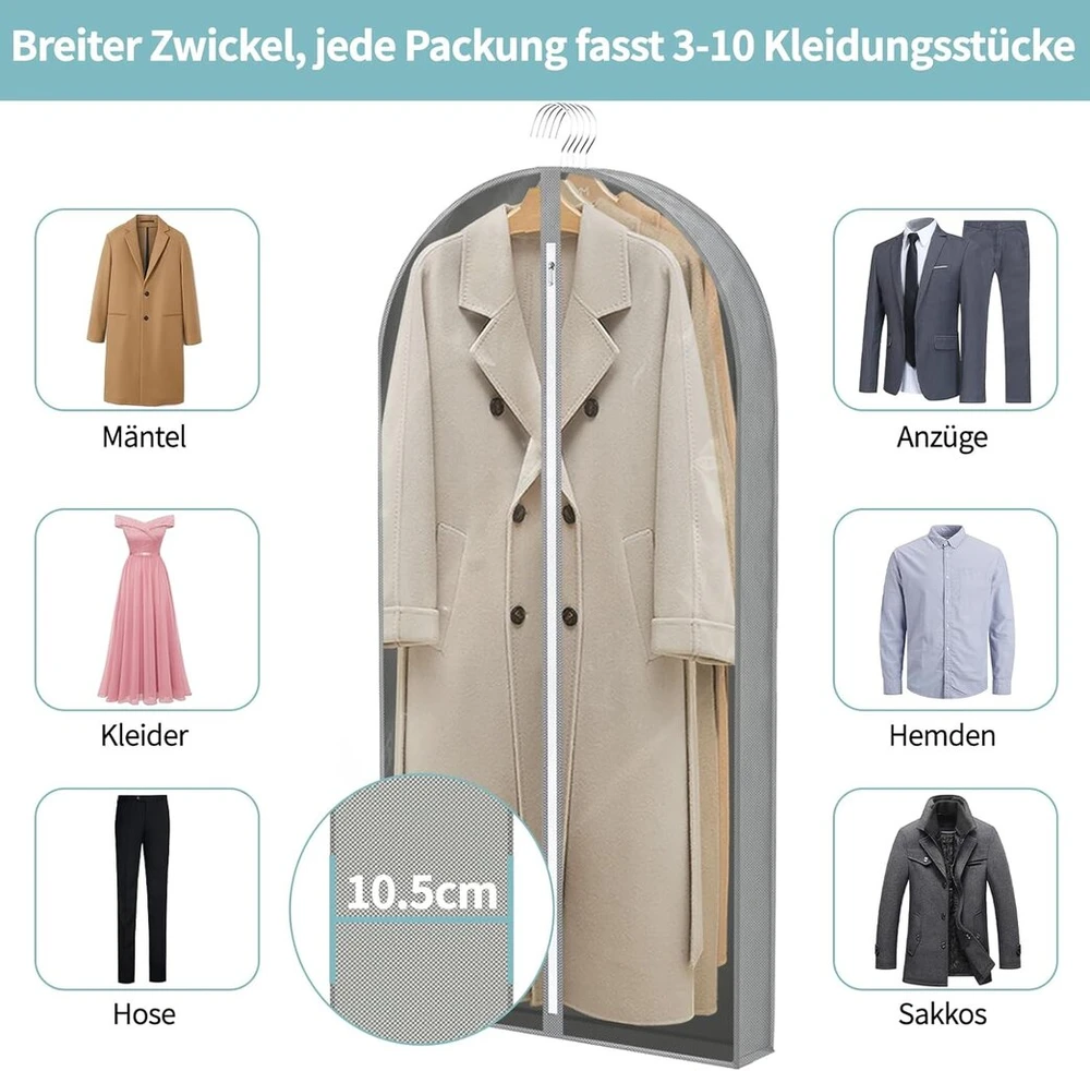 Kostiumų drabužių maišas, 2 vnt., 60 x 10,5 x 150 cm, skaidrus, didelės talpos, drabužių užvalkalai su užtrauktuku, drabužių laikymo maišas, kostiumų maišas, skirtas vyrams kostiumams, suknelėms, paltams, marškiniams, vakariniams drabužiams