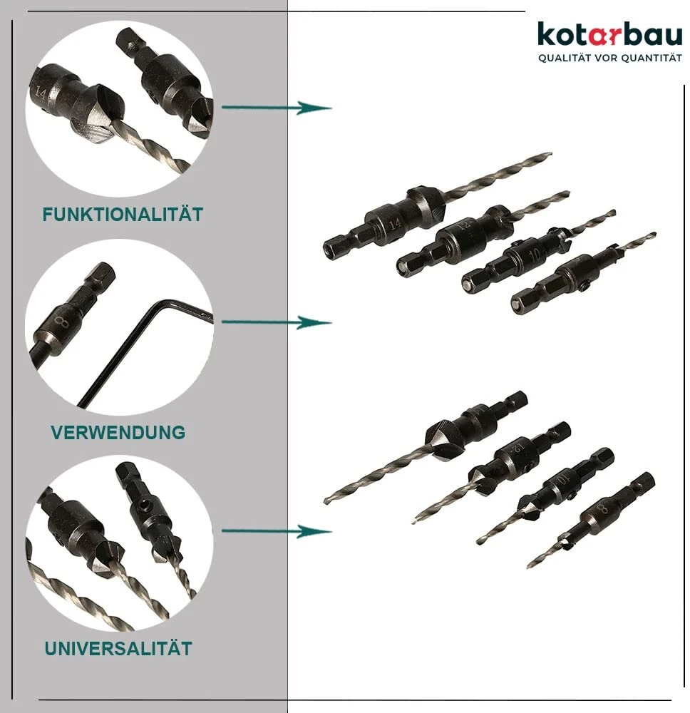 Kotarbau® Hss grąžtų su įgilinimu komplektas 4 vnt. 8-14 mm medienai su reguliuojamu gręžimo gyliu