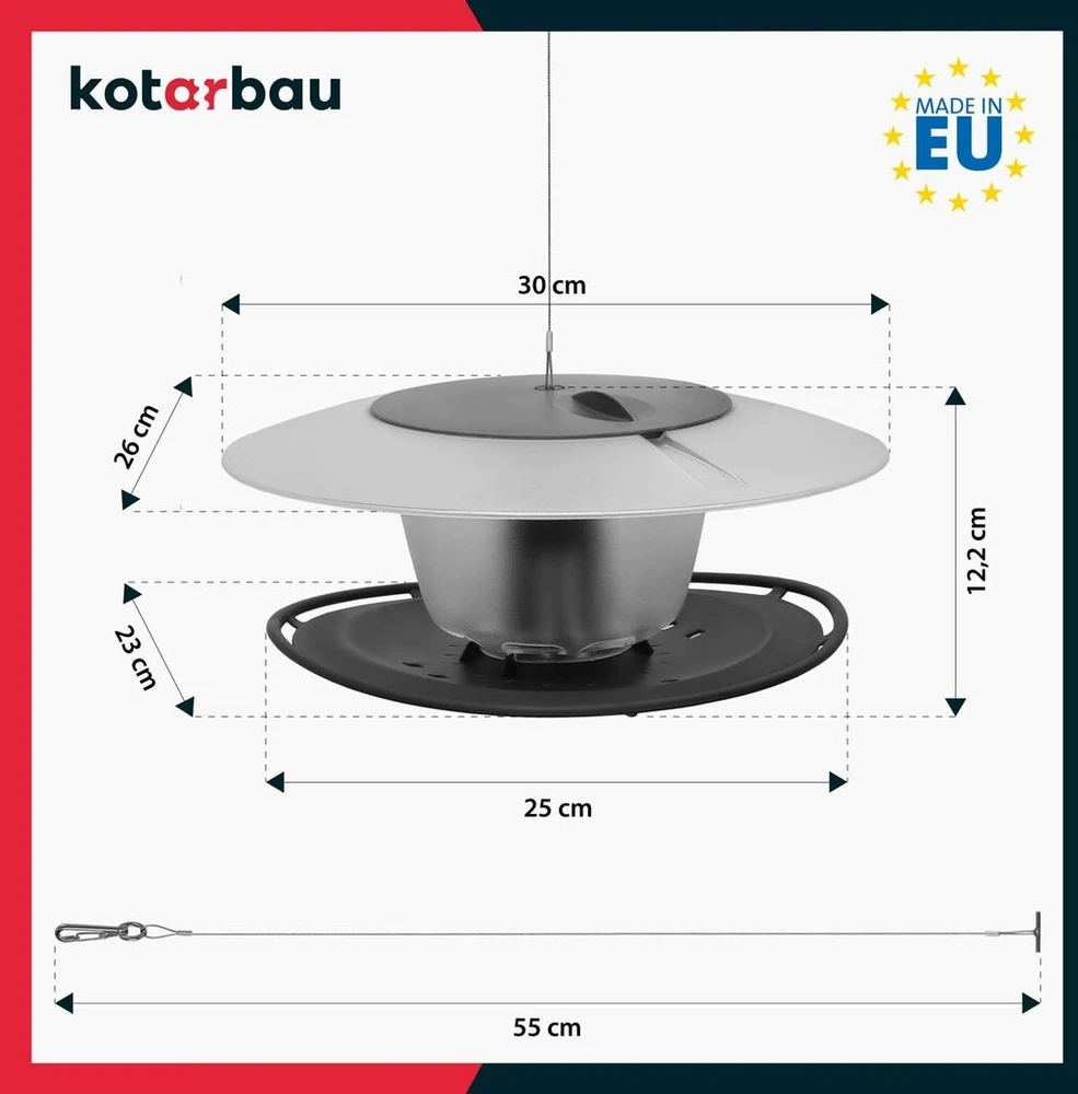 Kotarbau® Paukščių lesyklėlė pakabinama plastikine apvalia forma, skirta laukiniams paukščiams lesinti, balkono lesyklėlė, skersmuo 250 mm
