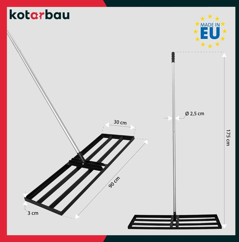 Grandininis pjūklas Kotarbau® vejos valytuvas 90 x 30 cm su plienine rankena 175 cm vejos lyginimo grėblys, vejos grėblys, vejos grėblys, vejos grėblys, vejos grėblys, vejos valytuvas, nerūdijančio plieno vejos priedai
