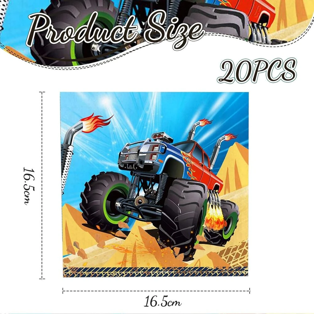 Kotkiddy servetėlės su sunkvežimiais monstrais, 20 vnt., popierinės servetėlės su sunkvežimiais, monster jam lenktyninis automobilis grave digger, sunkvežimių monstrų stalo reikmenys gimtadienio kūdikio sutiktuvių vakarėliui