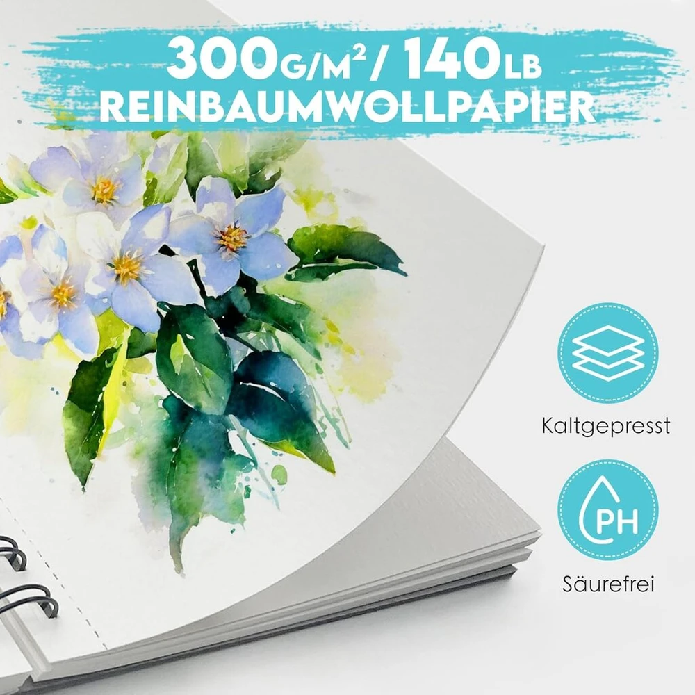 Koviede 100% medvilnės akvarelinio popieriaus bloknotas - 3 pakuotės (90 lapų) A5 300g/m² šalto spaudimo spiralinis akvarelės eskizų sąsiuvinis, menininko kokybės meno reikmenys suaugusiems