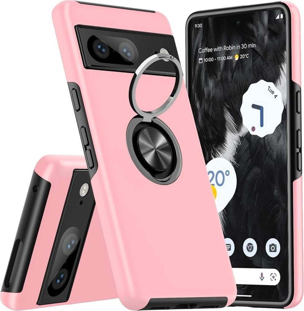 Kraftcare dėklas, skirtas google pixel 7, mobiliojo telefono dėklas su įterptu 360° žiedu, magnetinis apsauginis tpu smūgiams atsparus dėklas, skirtas google pixel 7, rožinis
