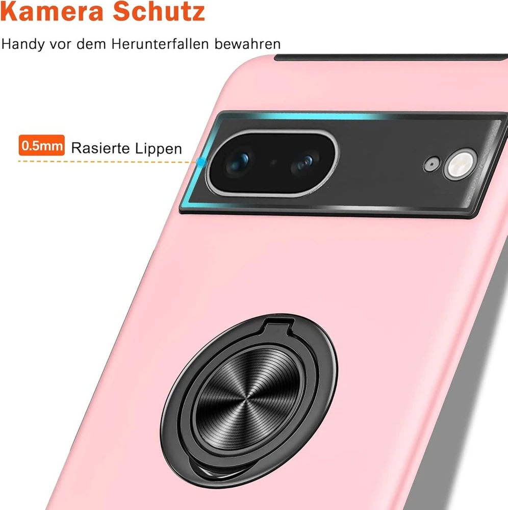 Kraftcare dėklas, skirtas google pixel 7, mobiliojo telefono dėklas su įterptu 360° žiedu, magnetinis apsauginis tpu smūgiams atsparus dėklas, skirtas google pixel 7, rožinis