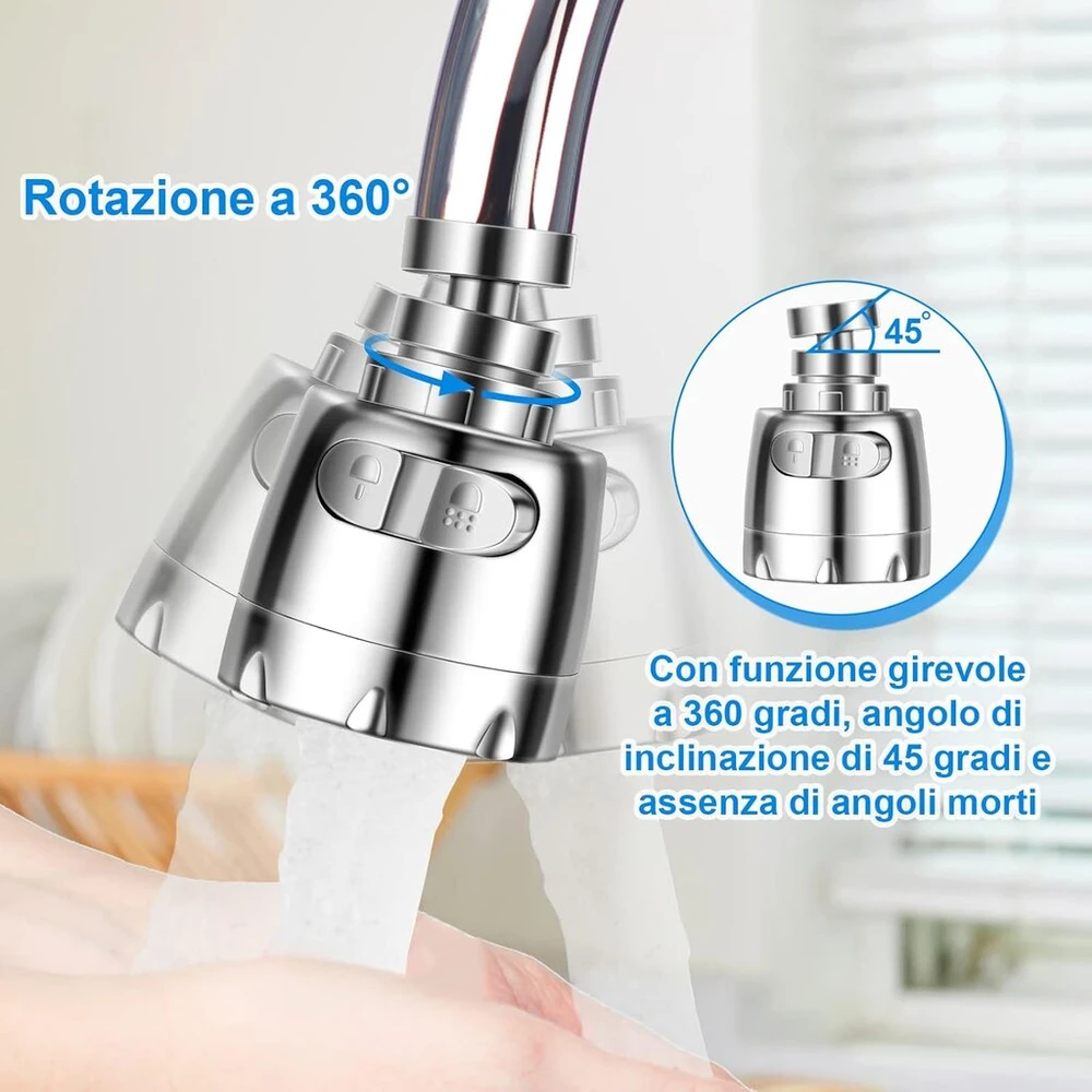 Krano aeratorius, krano aeratorius, 360° pasukamas, su abs filtru, krano priedas su dviem skirtingais vandens srauto keliais, su dviem adapteriais, tinkamas voniai, virtuvei