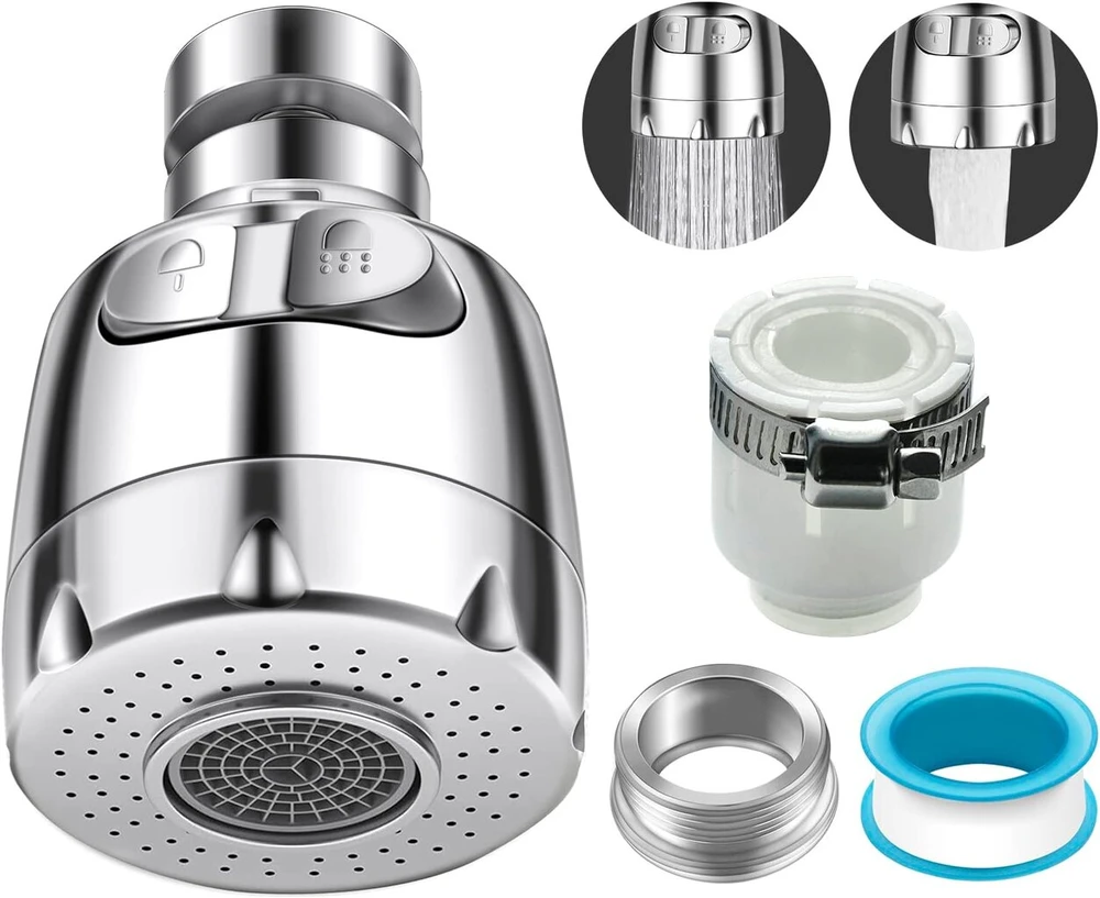 Krano aeratorius, krano aeratorius, 360° pasukamas, su abs filtru, krano priedas su dviem skirtingais vandens srauto keliais, su dviem adapteriais, tinkamas voniai, virtuvei