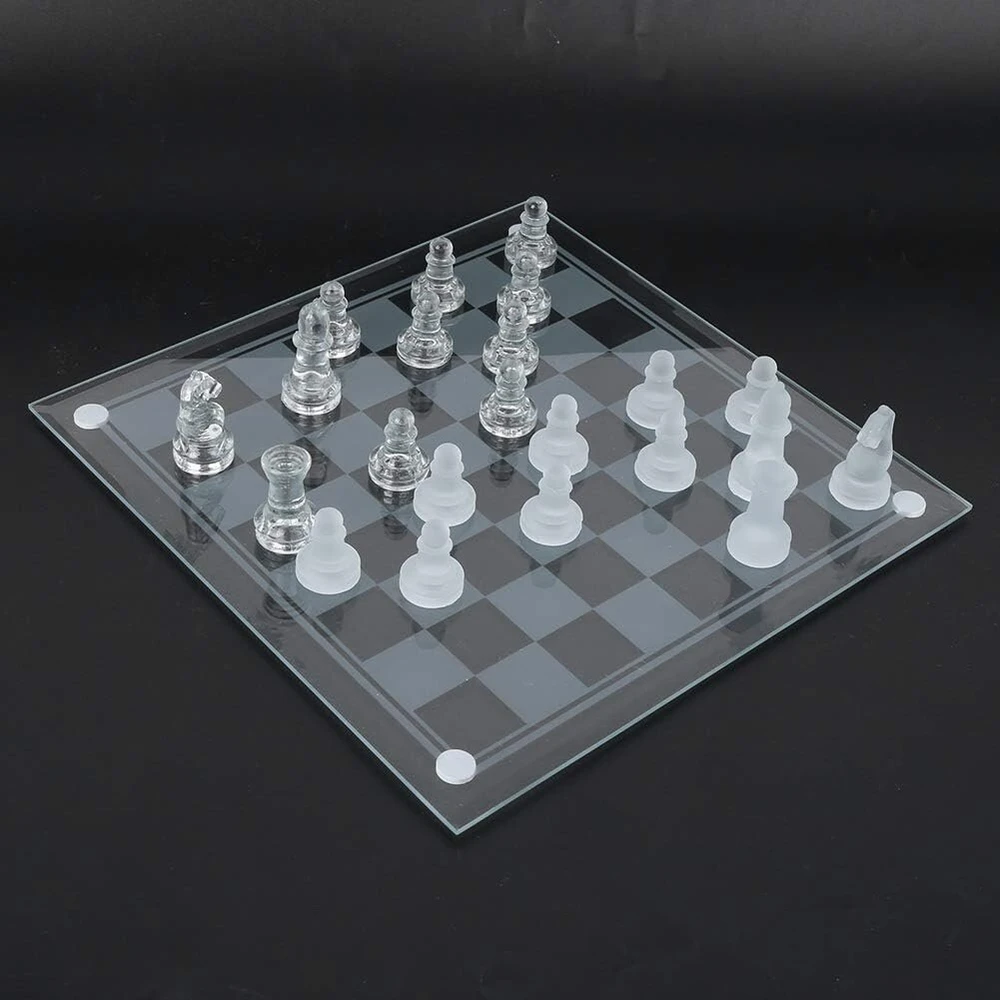 Kristaliniai šachmatai, 32 šachmatų figūros + 1 šachmatų lenta + 1 tarpiklis 25 x 25 cm matinio poliravimo stiklo šachmatai