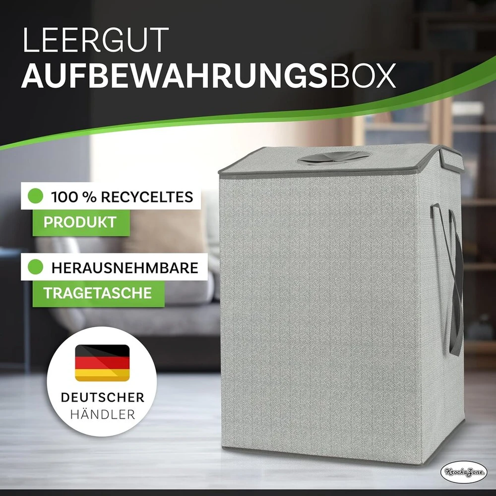 Krockazone. Indėlių butelių laikymo dėžė su 110 l Xxl krepšiu ir dangčiu su anga buteliui - talpa tuštiems ir senam stiklui - butelių surinkimo organizatorius, indėlių konteineris virtuvei - pilka