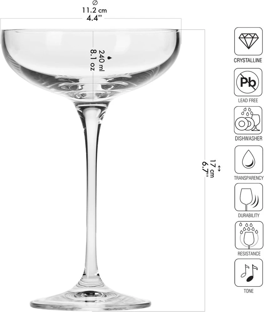 Krosno taurės šampanui, šampano taurės, 6 vnt. rinkinys, 240 ml, Harmony kolekcija, puikiai tinka namams, restoranams ir vakarėliams, prosecco taurė, galima plauti indaplovėje