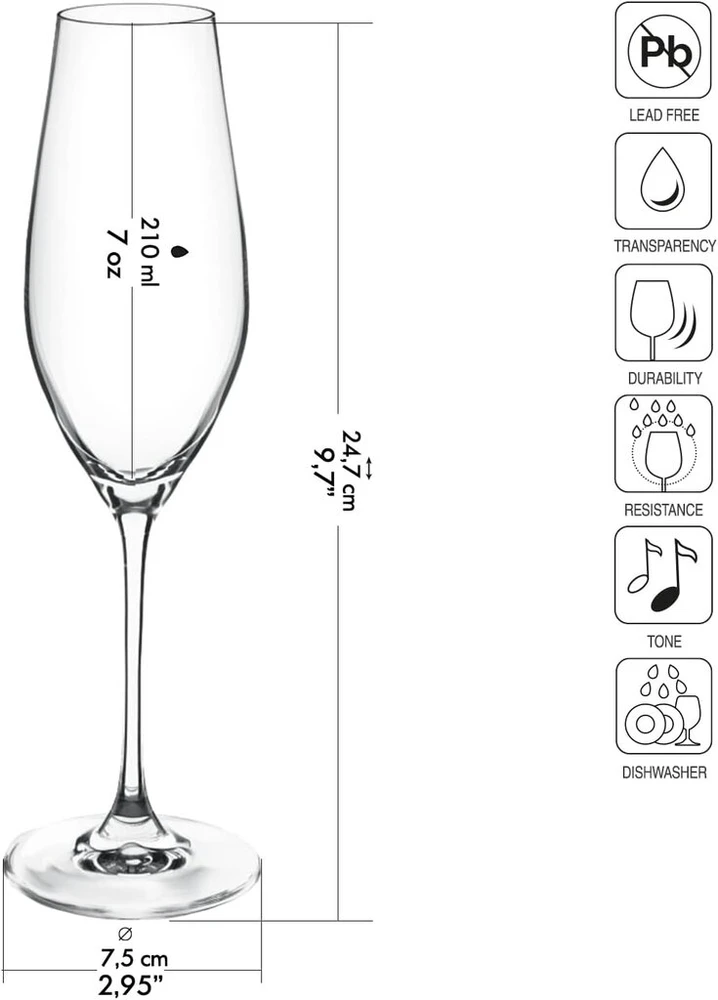 Krosno taurių rinkinys šampanui - 6 vnt. | 210 ml | Splendour kolekcija | Krištolinis stiklas, be švino | Elegantiškas dizainas su aukšta kojele | Putojančiam vynui, Prosecco ir šventėms