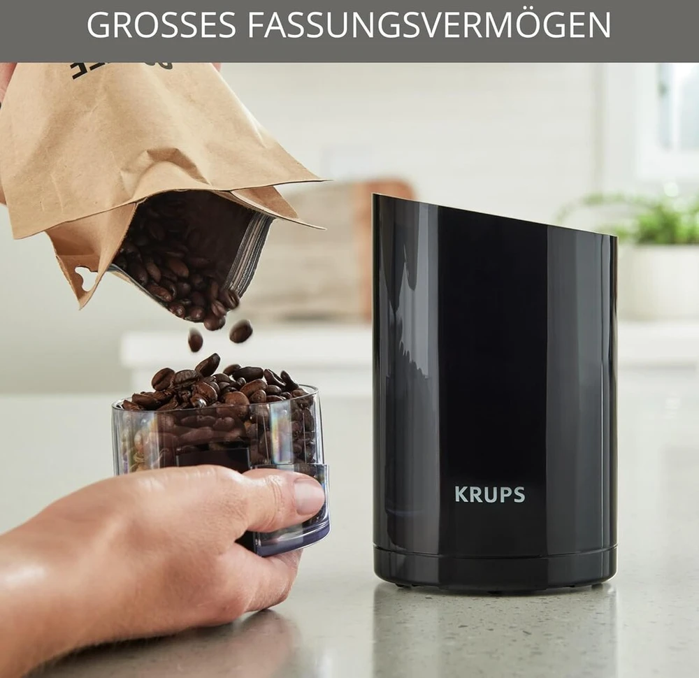 Kavamalė Krups F20342 kavos malūnėlis ir prieskonių malūnėlis viename, galingas variklis, reguliuojamas malimas, 75 g talpa, nerūdijančio plieno smūginis peiliukas, apsauginis dangtelis, neslystančios kojelės, juodas