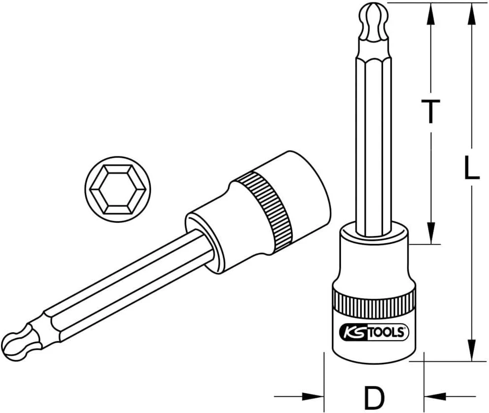 Ks tools 911.166 šešiakampis antgalis, su rutuliniu galu, ilgas, 1/2 colio, 10 mm