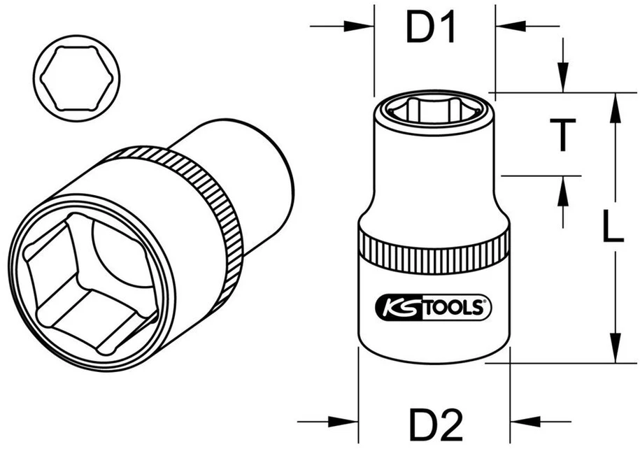 Ks tools 964.1412 nerūdijančio plieno šešiakampis galvutė, 1/4", 12 mm